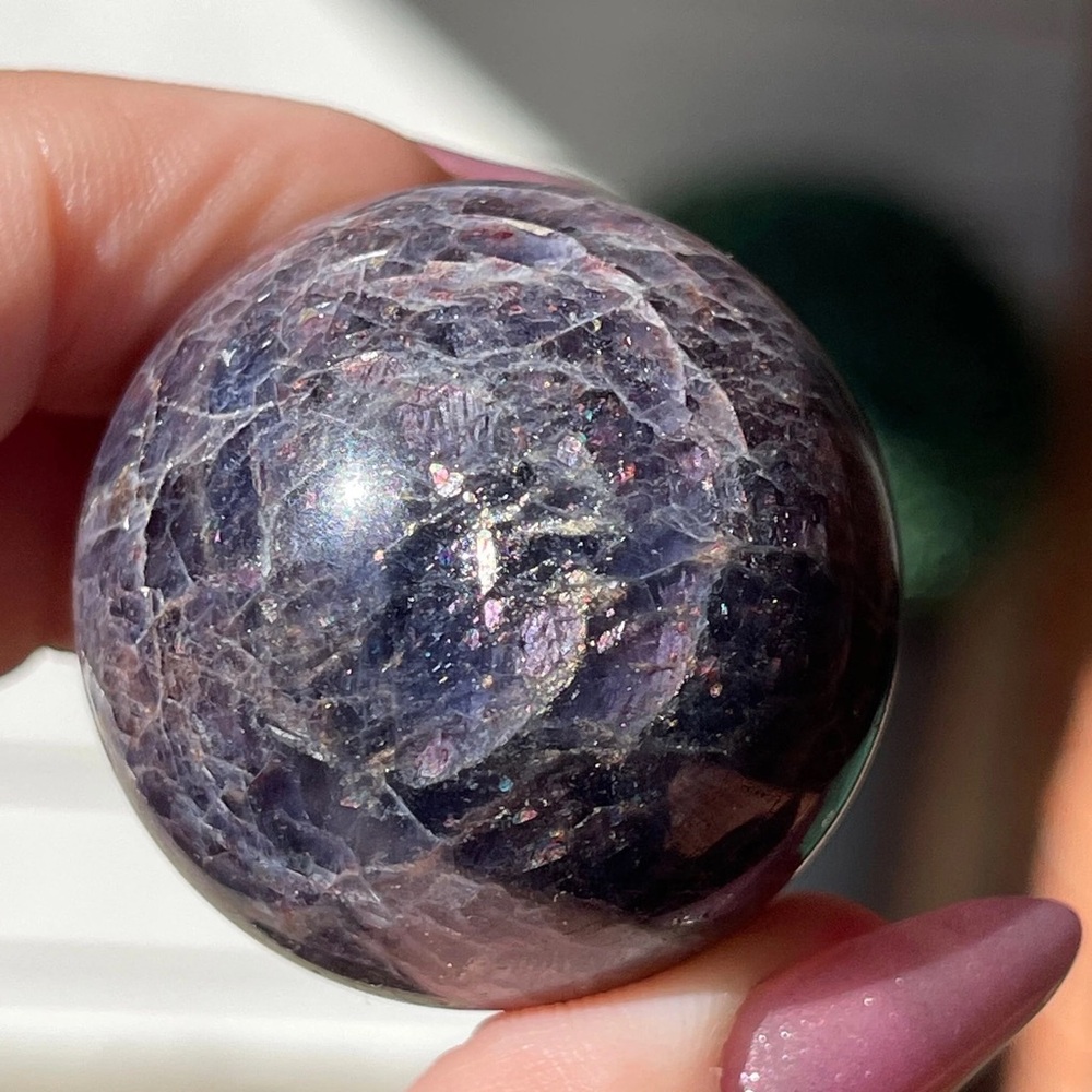 Iolite Sunstone Sphere with a flash Pink Confetti AAA Deep Blue Bloodshot Iolite